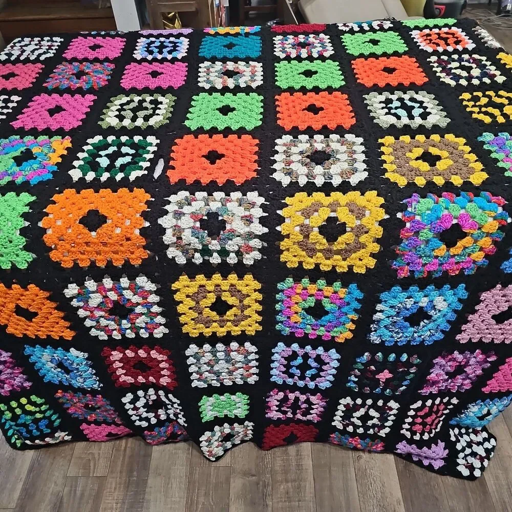 Vtg Handmade Granny Square Crochet Afghan Cottage Core 100